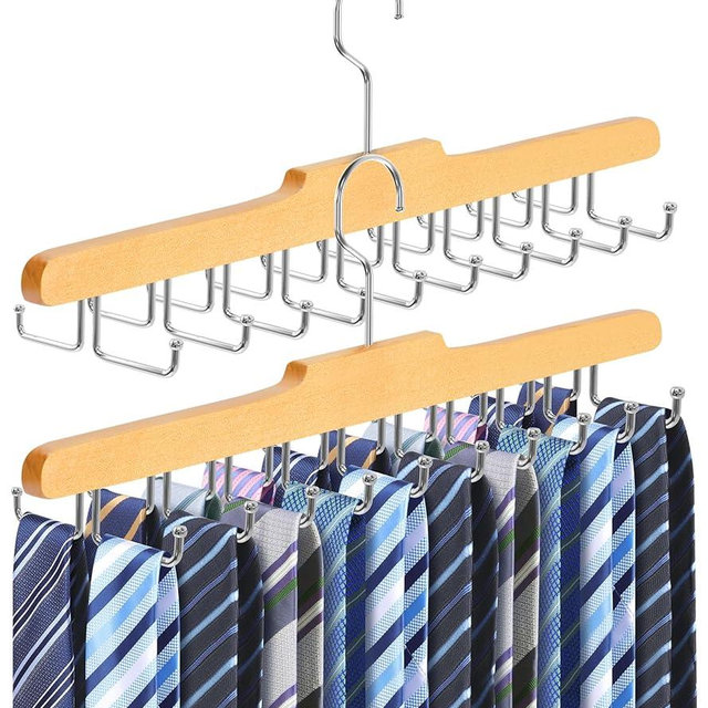 2PC Tie Rack Hanger for Closet Fitnice Upgraded Non Slip Tie Holder Organizer Space Saving with 20 Foldable Hooks Wooden Belt Hanger for Tank Tops Bras Cami Scarves