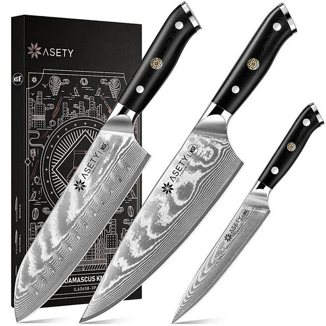 ASETY Japanese Knife Set 3 PCS, NSF Certified Damascus Kitchen Knife Set with VG10 Steel Core, Ultra-Sharp Professional Chef Knife Set and Full Tang G10 Handle, Gift Box