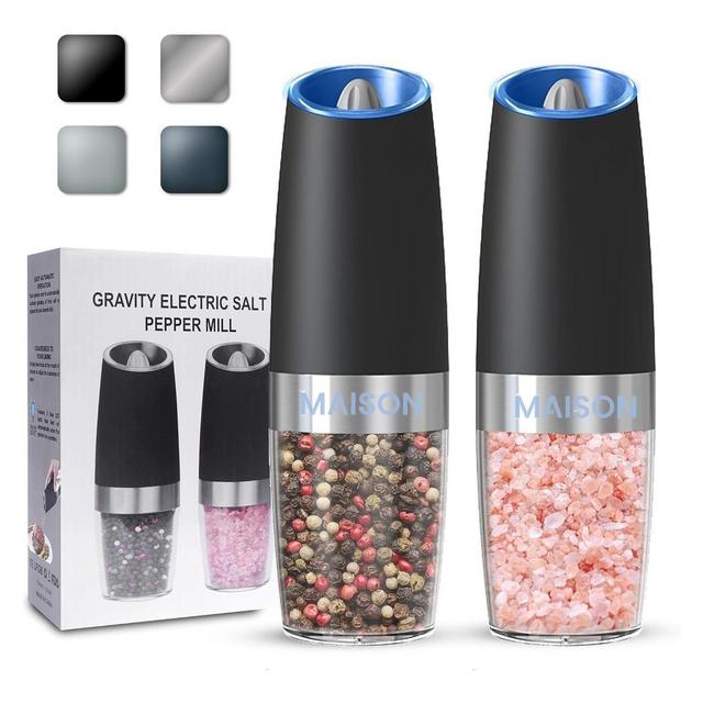 Maison Gravity Electric Pepper and Salt Grinder Set Battery Powered With LED Light One Hand Automatic Operation