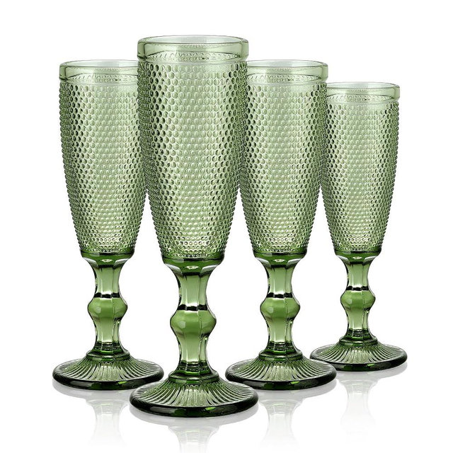 Joeyan Green Vintage Champagne Flutes Glasses Cups,Embossed Colored Toasting Goblet Glasses,Stemmed Hobnail Beaded Glassware for Wedding Anniversary Birthday Party,5 oz,Set of 4,Dishwasher Safe