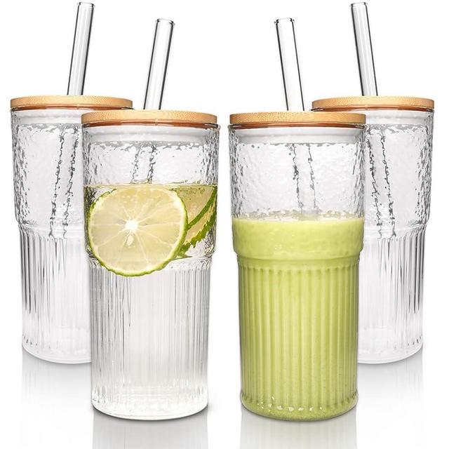 ANOTION Glass Cups with Lids and Straws - 22oz Coffee Cups Gifts for Women Drinking Glasses Iced Smoothie Cup Glass Tumbler Water Glasses Ribbed Glassware Clear Cups Travel Coffee Mug Glasses Set
