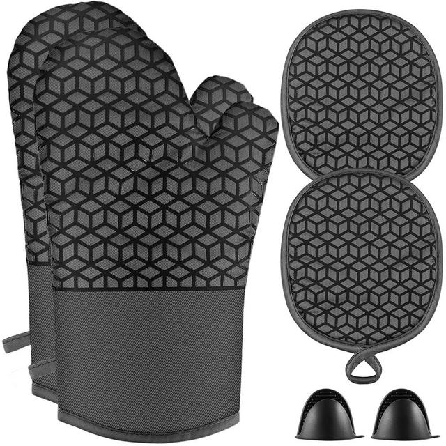 NAVITHOUS Oven Mitts And Pot Holders Set 6Pcs,Kitchen Oven Glove,High Heat Resistant 500°F Large Size Oven Mits And Potholders With Soft Cotton Lining And Non-Slip Silicone Surface For Cooking (Black)