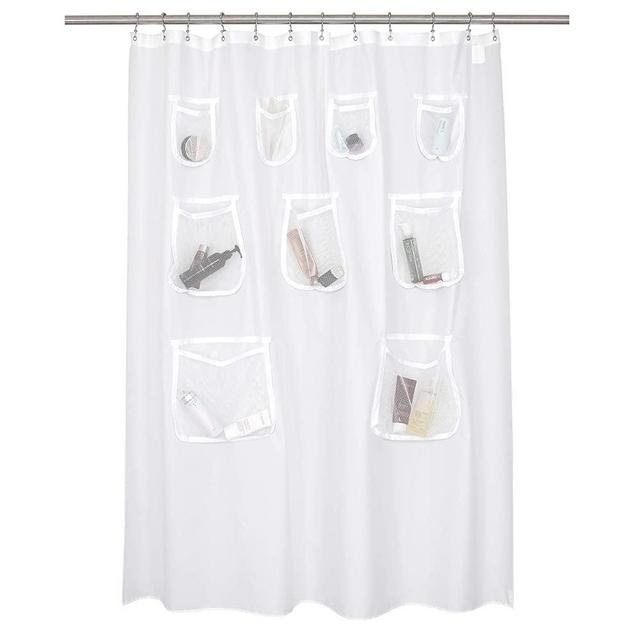 N&Y HOME Waterproof Fabric Shower Curtain or Liner with 9 Mesh Pockets - White, 71x72 Inches