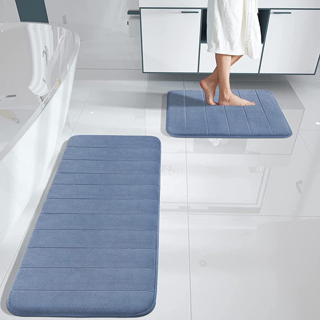 Yimobra Large Memory Foam Bathroom Mat 2 Pieces Set, Non Slip - Super Water Absorption Soft Bath Mat Rug, Thick, Dry Fast, Machine Washable for Bathroom Floor Rugs, 44.1x24 + 24x17 Inch, Denim Blue