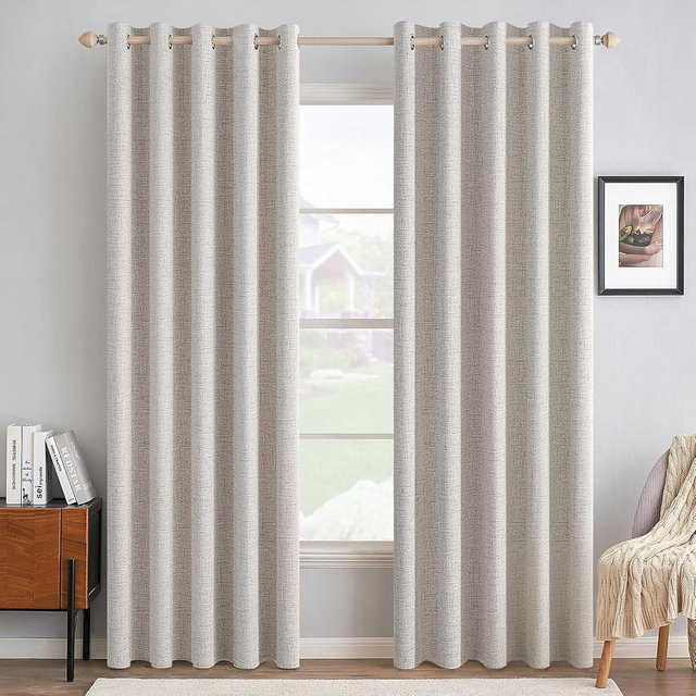 MIULEE 100% Blackout Linen Textured Curtains for Bedroom Solid Thermal Insulated Ivory Grommet Room Darkening Curtains & Drapes Luxury Decor for Living Room 62 x 90 Inch (2 Panels)