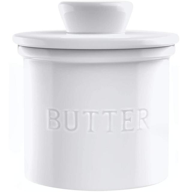 PriorityChef French Butter Crock for Counter, Butter Keeper With Water Line for Fresh Spreadable Butter, Farmhouse Style Ceramic Butter Keeper for Countertop, Holds 1 Stick, White