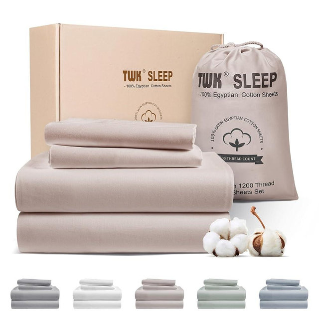 TWK 1200 TC 100% Egyptian Long-Staple Cotton Bedding Sheets Set, Luxury Hotel Style Deep Pocket with Elastic Reinforced Seams Sheet Set, Soft & Comfy Natural Sheets(Sand King)