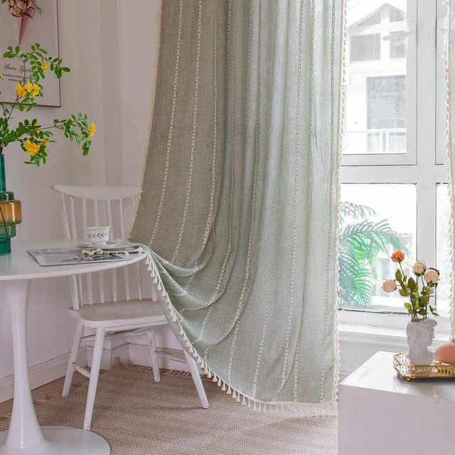 Boho Curtains Embroidery Striped linen Curtains 84 Inches Long 2 Panels for Bedroom Sage Green Country Farmhouse Curtains Bohemian Light Filtering Curtains for Living Room( 52" W x 84" L,Sage Green)