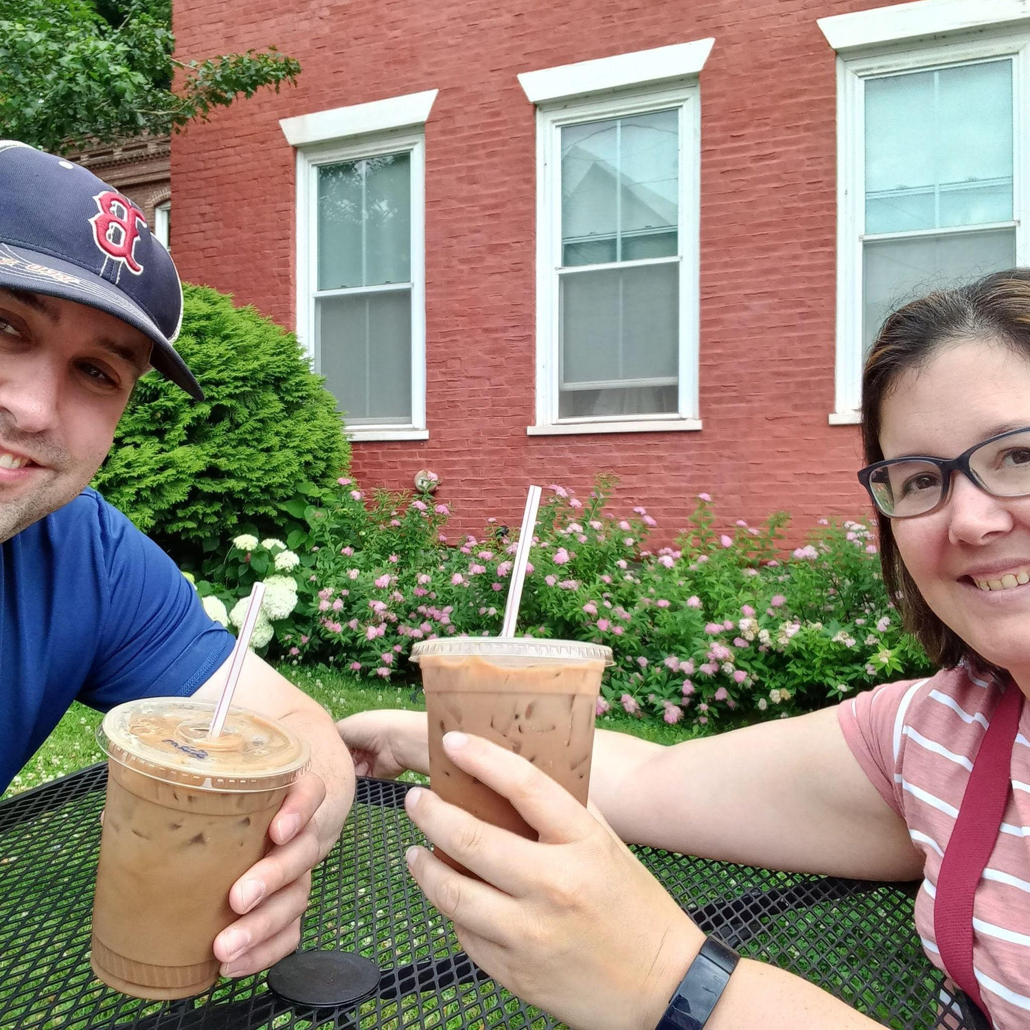 Enjoying fresh air and tasty lattes at a favorite coffee shop, Boston Dreams. This is also where Mike took me just before proposing!