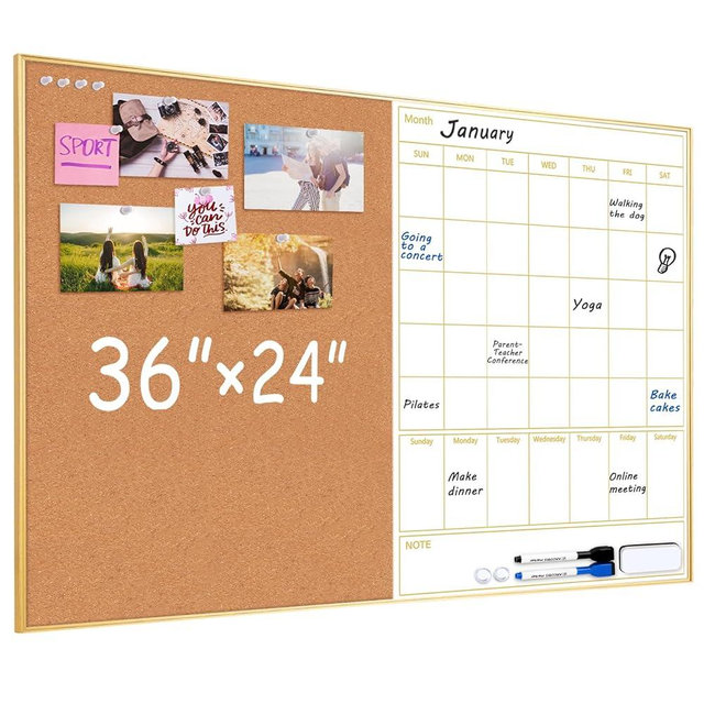 ARCOBIS Dry Erase Calendar with Cork Board, 36"x24" Magnetic White Board Calendar Dry Erase for Wall, Gold Frame Combination Board for Office, Home, School