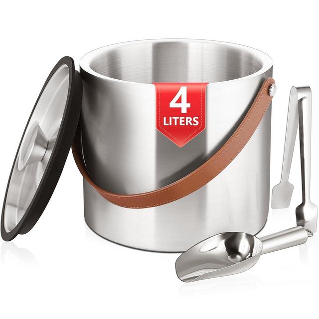 Bakpoco 4L Ice Bucket with Lid, Scoop,Tongs & Strainer, Stainless Steel Double Wall Insulated Ice Buckets for Parties & Cocktail Bar, Large Outdoor Champagne Ice Container, Light Brown Handle