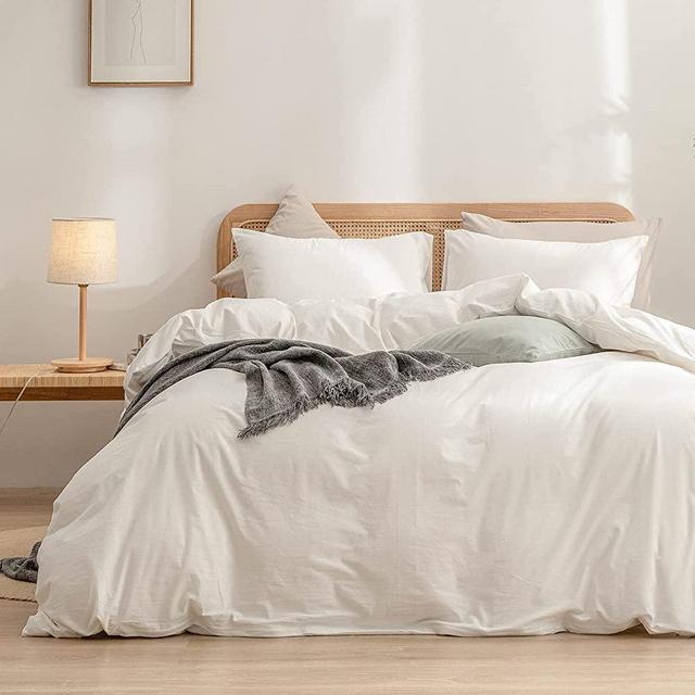 BESTOUCH Duvet Cover Set 100% Washed Cotton Linen Feel Super Soft Comfortable Chic Lightweight 2 PCs Home Bedding Set Solid Off White Twin