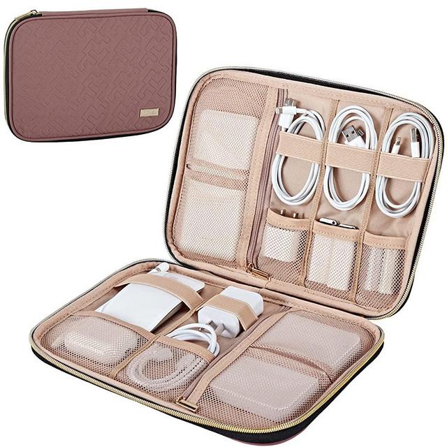 NISHEL Electronic Organizer, Travel Cord Tech Organizer Case, Packing Essentials for Cable, Charger, Phone, Hard Drive, USB, SD Card,Rosewood-Pink