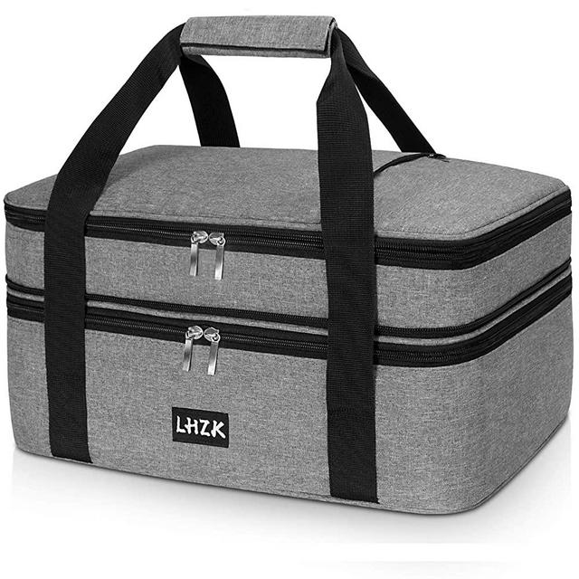 LHZK Double Decker Insulated Casserole Carrier for Hot or Cold Food, Expandable Hot Food Carrier, Lasagna Holder Tote for Potluck Parties, Picnic, Beach, Fits 9"x13" Baking Dish, Grey