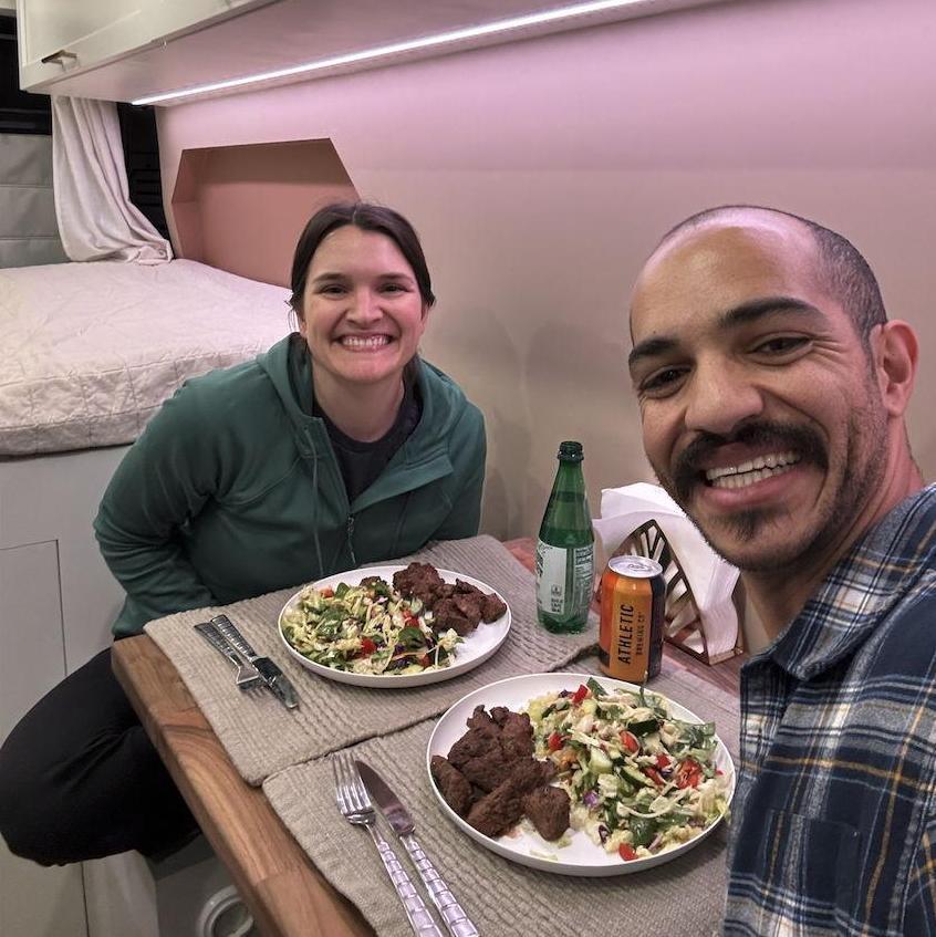 Having dinner in our adventure van! Such a rewarding feeling to cook in our little van kitchen :)
