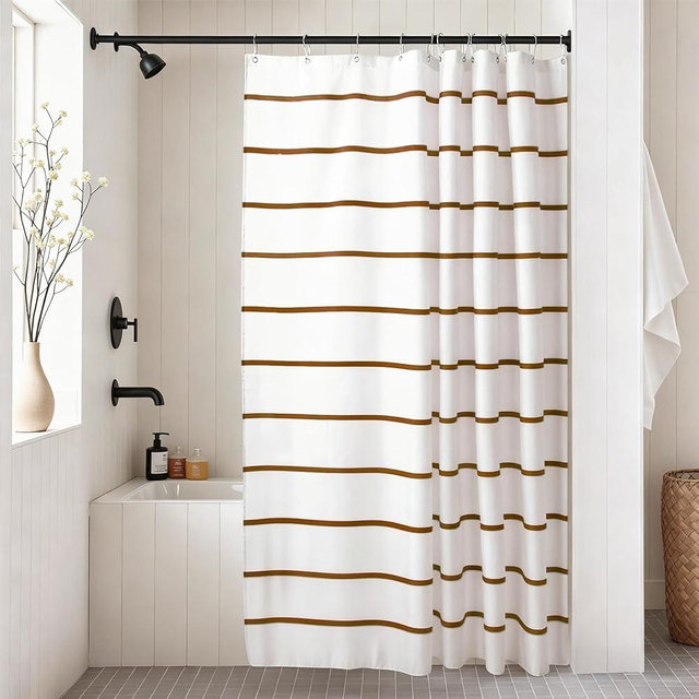 Treory Brown and White Striped Shower Curtain Set with Hooks, Waterproof Fabric, Neutral Tone Printed Hand-Drawn Stripe Design, Modern Farmhouse Bathroom Decor, 72" x 72"