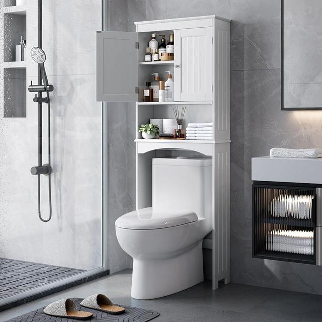 Bealife Over The Toilet Storage Cabinet with Open Shelf, Over Toilet Bathroom Organizer with Adjustable Shelf and Double Doors,Over The Toilet Storage Shelf Free Standing for Bathroom Storage - White