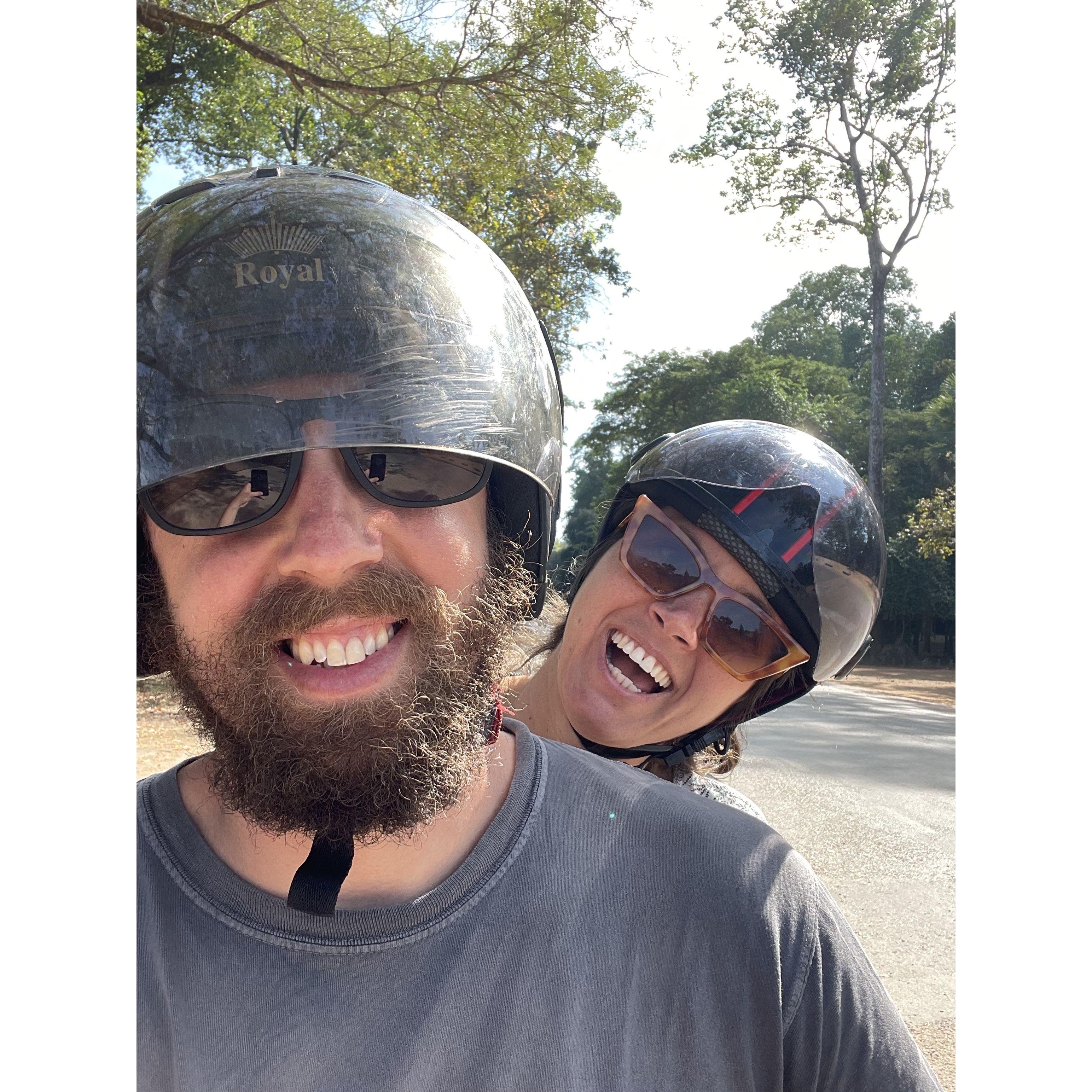 Riding on scooters in Cambodia! Zak sweating in fear, Char being a goof... as per usual.