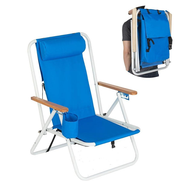 Outvita Folding Beach Chair Adjustable Headrest w/4 Flexible Tilt Angle, Cup Holder Portable High Strength Cleanable Fabric, for Sand Camping Lawn Concert Travel Festival