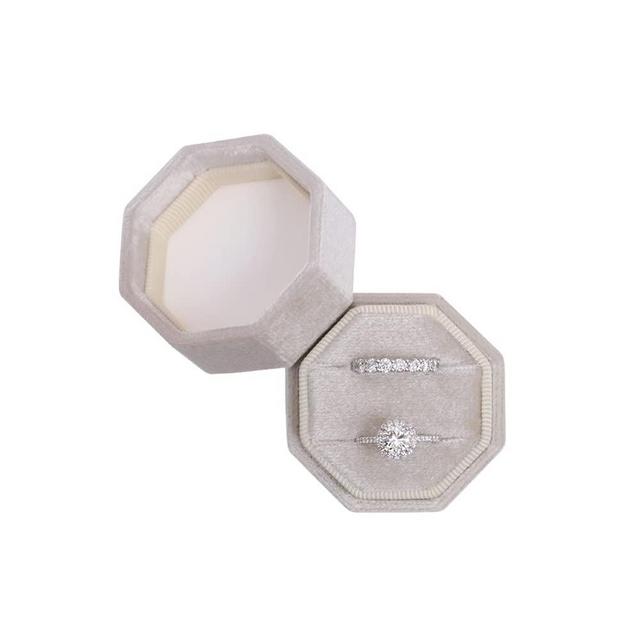 Velvet Jewelry Ring Box Engagement Wedding Box Keepsake Box Bridal Photo Ring Double Slots Octagon (Champagne)
