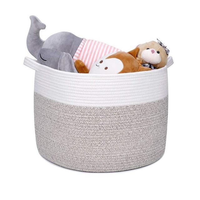 Hombins Cotton Rope Basket XXL Blanket Basket Collapsible Storage Baskets | 20" 20" 13" Laundry Basket Thread Baby Basket for Toy,Clothes, with Comforter Cushions Handles, Brown