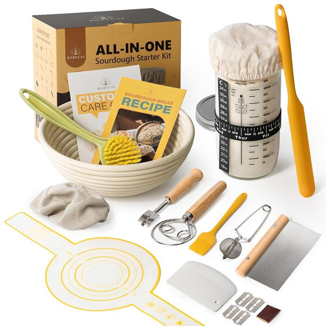 Rorecay Complete Sourdough Starter Kit: Bread Baking Supplies with Starter Glass Jar & 9” Round Banneton Proofing Basket Tool Set Ideal for Beginners Homemade Bread