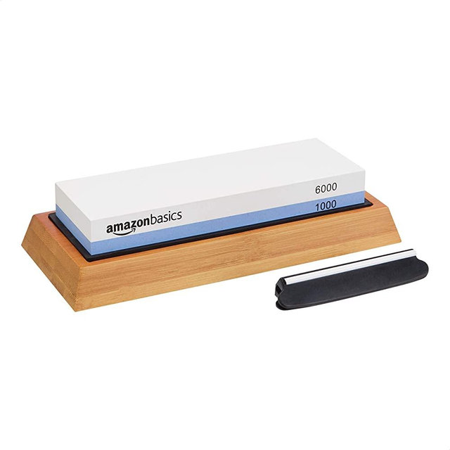 Amazon Basics Whetstone Knife Sharpening Water Stone - Dual-Sided 1000/6000 Grit with Non-Slip Bamboo Base