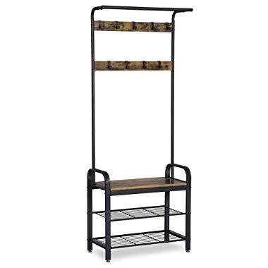 VASAGLE Industrial Coat Rack Shoe Bench, Hall Tree Entryway Storage Shelf, Wood Look Accent Furniture with Metal Frame, 3 in 1 Design, Easy Assembly UHSR40B