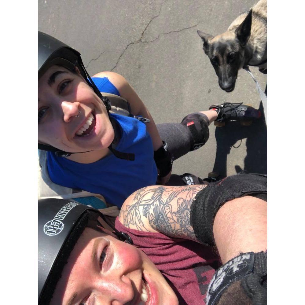 teaching the dog to roller skate