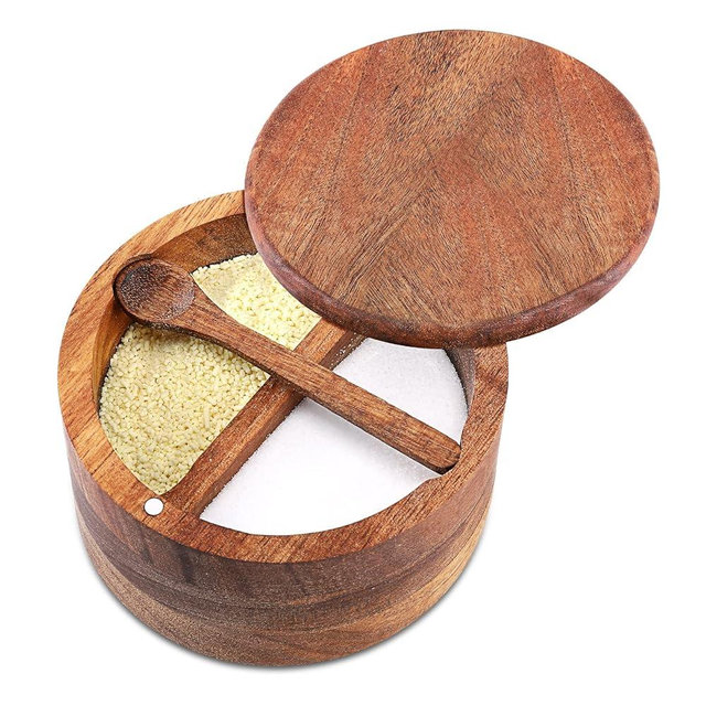 RAETTER.LY Acacia Wood Salt and Pepper Bowl, Nature Wood Salt Cellar and Spices Storage Box With Built-in Spoon and Magnetic Swivel Lid (Two Compartments)