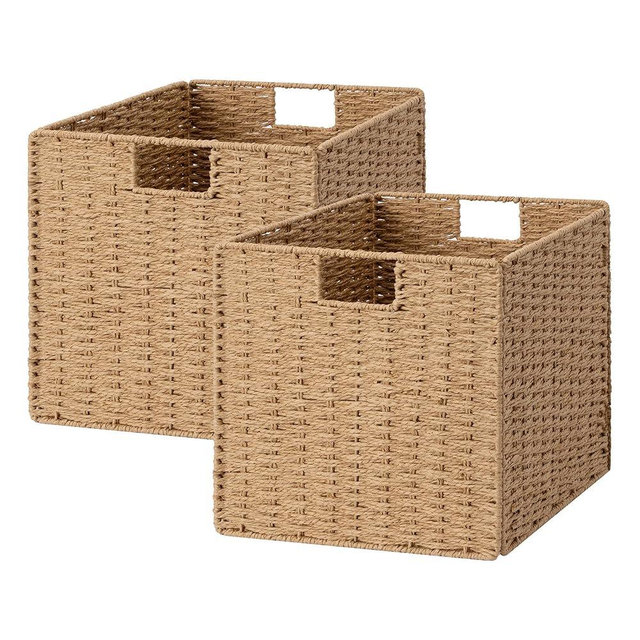 StorageWorks 13 inch Wicker Storage Baskets, Foldable Handwoven Wicker Basket for Organizing, Natural Paper Rope Square Storage Cubes, 2 Pack