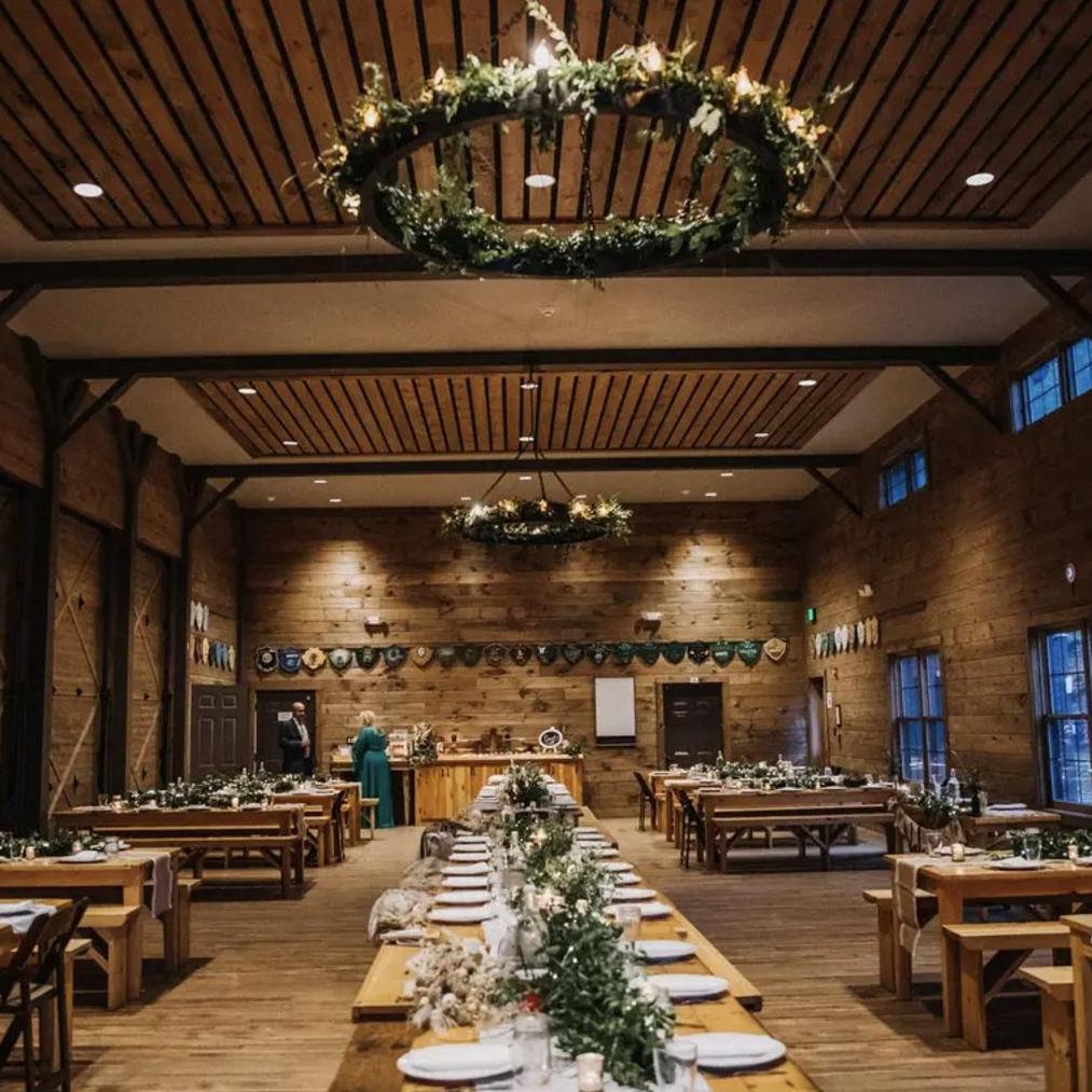 The inside of the Mess Hall, decorated for a wedding!
