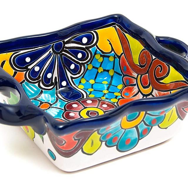 Jayde N' Grey Talavera Pottery Hand Painted Ceramic Scalloped Serving Bowl Salad Bowl Chip Bowl Serving Platter Mexican Colorful (Blue)