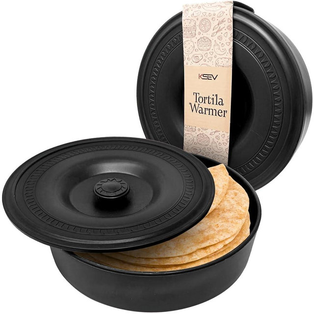KSEV Tortilla Warmer Insulated Container with Lid (8.5" x 2.5"-Inch), BPA FREE Microwave & Dishwasher Safe Tortilla Holder Server Box For Tortilla, Flour Taco, Chapati, Flat Breads (1 Pack - Black)