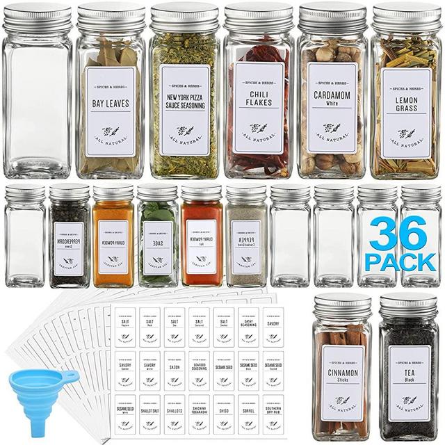 36 Pcs Glass Spice Jars with White Printed Spice Labels - 4oz Empty Square Spice Bottles - Shaker Lids and Airtight Metal Caps - Silicone Collapsible Funnel