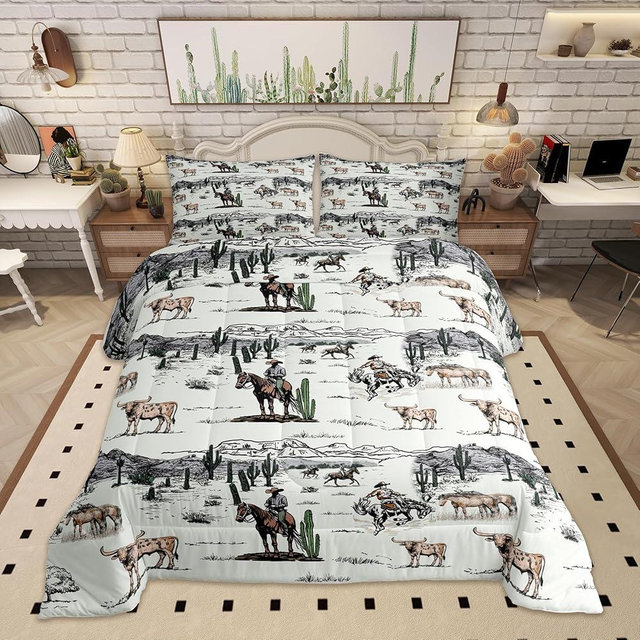 Western Cowboy Comforter Set King Size,Vintage Southwest Style Quilt Set Desert Cactus Cow Horse Animals Bedding Set for Kids Boys Girls Adult Room Decor,Grey Brown White Duvet Insert 3Pcs