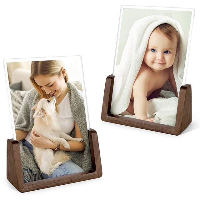 Mixoo Picture Frame 2 Pack - Rustic Wooden Photo Frames with Walnut Wood Base and High Definition Break Free Acrylic Glass Covers for Tabletop or Desktop Display (5x7 inch, Vertical + Vertical)