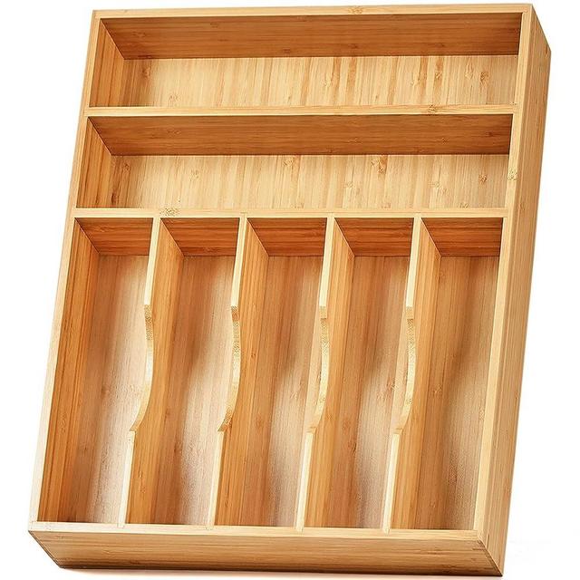 Umilife Kitchen Drawer Organizer, 12.5 Inch Silverware Utensil Tray Holder, Extra Deep, with Non-Slip Feet & Grooved Drawer Divider, 7 Slots Total Bamboo Wood Caddy for Flatware Cutlery Knives