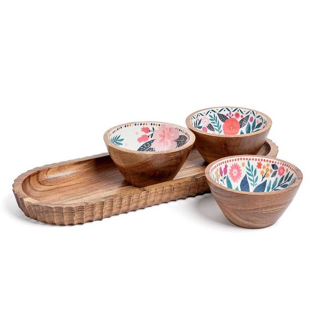 over&back 4pc 6" Wooden Acacia Dip Bowl Set by Jess Phoenix - Wood Dishes for Sauce, Side Dishes, Dips, and More - Comes with 3 Mini Dipping Bowls and a Tray - 19.5" L x7 W