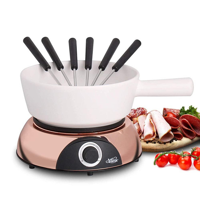 Artestia Fondue Pot Set,Cheese Fondue Pot,1500W Electric Ceramic Chocolate Fondue Set with 6 Fondue Forks,Cheese Fondue Pot with Temperature Control(Rose Gold Color Base/White Ceramic Pot)