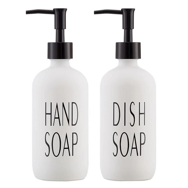 Onsogi 16 Oz White Glass Hand Soap and Dish Soap Dispenser Set with Black Plastic Pumps for Farmhouse Kitchen Counter Bathroom Decor and Organization - 2 Pack