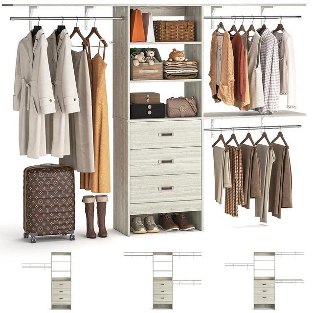 iSunirm 8FT Closet System, 96'' Closet Organizer System with 3 Hanging Rods, Wall Mount Bedroom Wardrobe with 3 Drawers Walk-in Closet, Adjustable Garment Rack from 5 to 8FT(Cut to Fit), White Oak