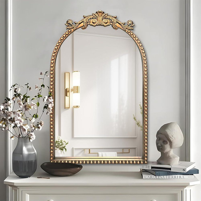 BAODANFU Arendahl Traditional Vintage Arch Mirror, 20" X 30" Baroque Ornate Accent Wall Mirrors Decorative Beaded Frame for Bathroom Sink, Entryway, Bedroom Vanity, Over Mantel Fireplace Wall Decor