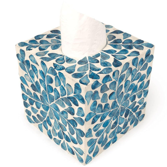 CLAYNIX Tissue Box Cover - Mosaic Mother of Pearl Inlay Tissue Box Holder- Tissue Box Cover Square 5.9 x 5.9 x 5.9 in - Decorative Bathroom, Bedroom or Office (Blue)