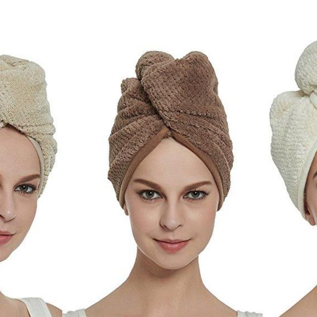 HOPESHINE Hair Towel Microfiber Soft Twist Hair Turban Wrap Fast Drying Cap Great Gift for Women(Brown+Khaki+Off White 3-Pack)