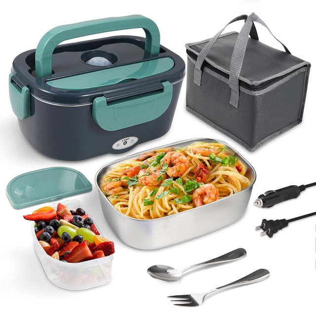 SOHIDA Electric Lunch Box Food Heater, 80W Portable Warmer for Car Truck Work with 304 Stainless Steel Container, 12V/24V/110V Green Heated Lunch Box Suitable for Ideal Driver/Work/Gift