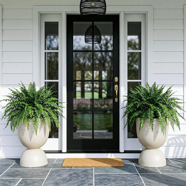 KOL Planters Flower Pots, Plastic Urn Planters for Indoor Outdoor Plants, Beige Pedestal Planter Pots 2 Pack, 18 Inch Tall Decorative Planters with Drainage Holes & Plugs for Front Porch Patio Garden
