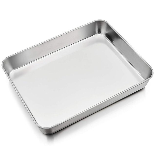 P&P CHEF 12.3 Inch Stainless Steel Sheet Cake Pan, Rectangular Baking Pan for Lasagna Brownie Meats, Cookie Tray Fits in Toaster Oven, Easy Clean & Heavy Duty (1Pc)