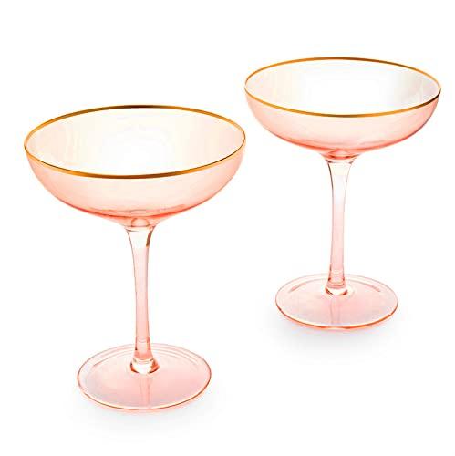 Colored Blush Pink & Gilded Rim Coupe Glass, Large 9oz Cocktail & Champagne Glasses 2-Set Vibrant Color Short Gold Vintage Tumblers, No Stem Margarita, Glassware Gift Idea - The Wine Savant (Coupe)
