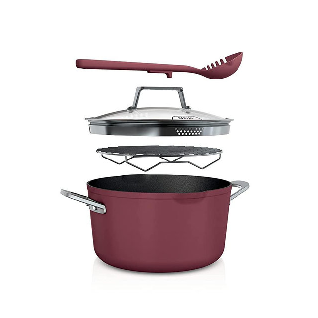 Ninja CW202RD Foodi NeverStick PossiblePot, Premium Set with 7-Quart Capacity Pot, Roasting Rack, Glass Lid & Integrated Spoon, Nonstick, Durable & Oven Safe to 500°F, Cherry Tart